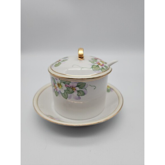 VTG Nippon Hand Painted Sugar Bowl w Attached Under Plate & Spoon Floral Design - Picture 3 of 12